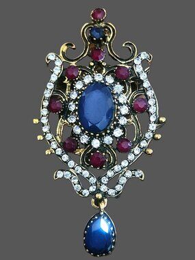 Stock PIN or BROOCH Deep Red Blue & Clear w DROP stone Goldtone NEW in gift bag